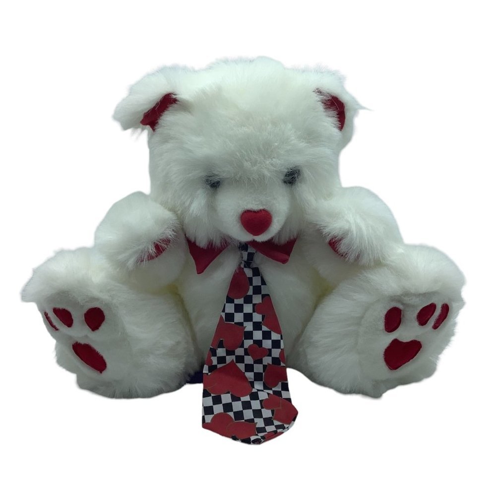 Vintage 1995 Joelson White Teddy Bear Plush Stuffed Animal‎ Long Tie Hearts